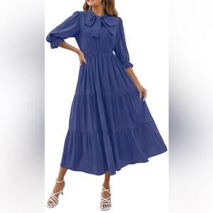 2025 Tie V Neck Elastic High Waist Solid Color Flowy Tiered‎ A Line Maxi Dress S